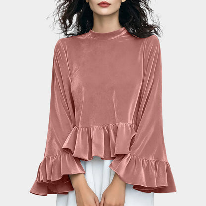 Women's Velvet Ruffle Bell Sleeve Peplum Top