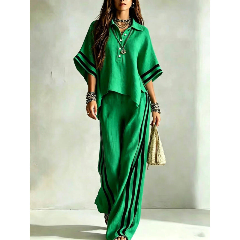 Women's Striped Oversized Shirt Wide Leg Pants 2 Piece Set