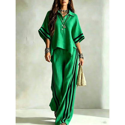 Women's Striped Oversized Shirt Wide Leg Pants 2 Piece Set