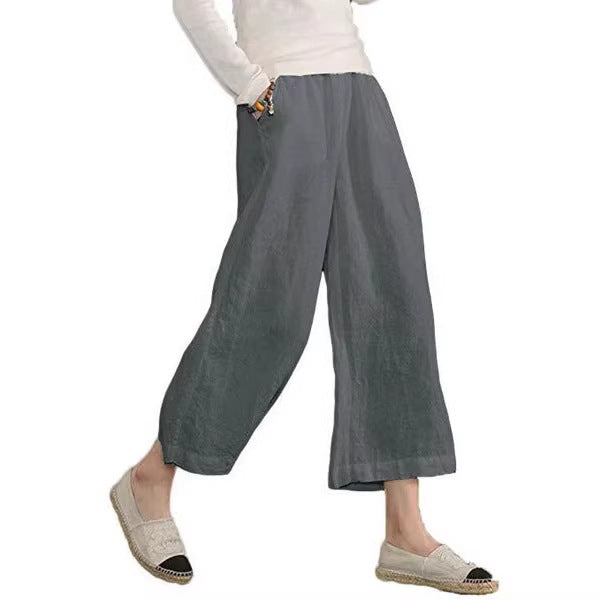 Women's Linen Cotton Wide Leg Cropped Pants Relaxed Fit