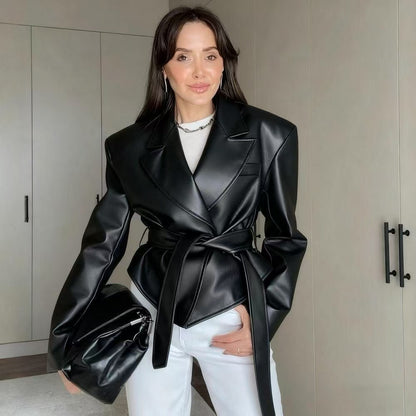 Womens Faux Leather Tie Waist Moto Blazer Jacket
