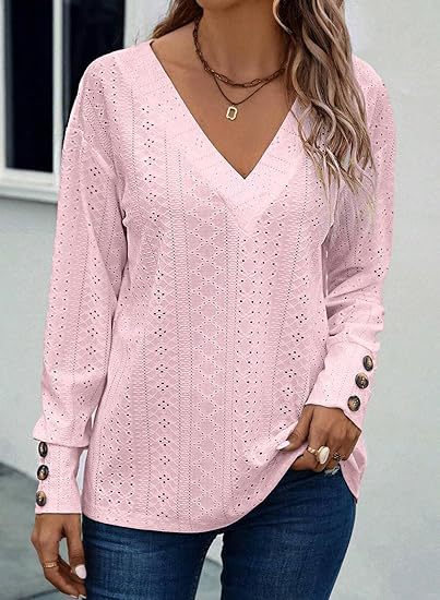Eyelet V Neck Long Sleeve Loose Fit Casual Blouse