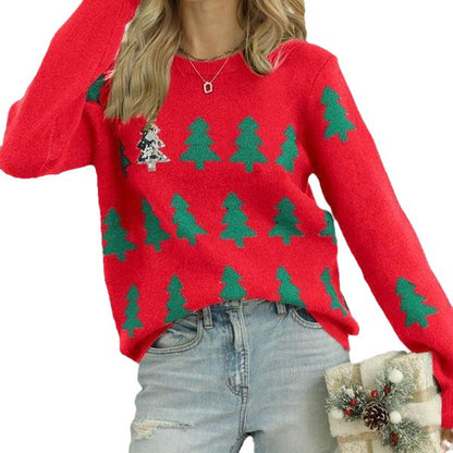 Women's Christmas Tree Jacquard Crewneck Sweater Oversized