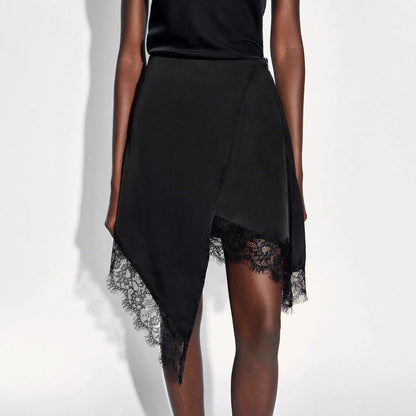 Lace Trim Asymmetrical Satin Midi Skirt Elegant A Line