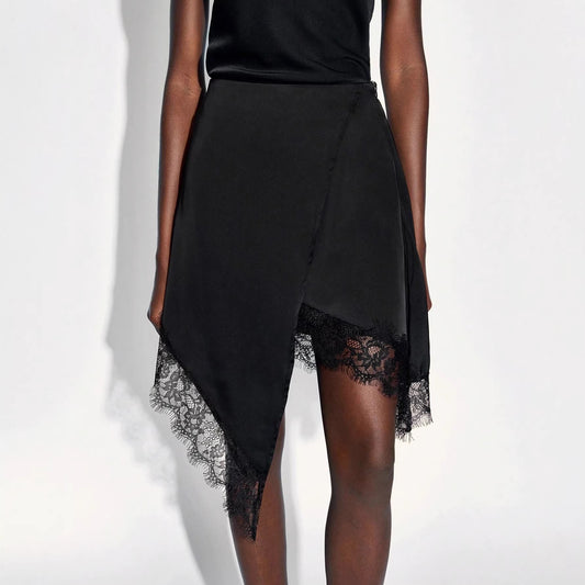 Lace Trim Asymmetrical Satin Midi Skirt Elegant A Line
