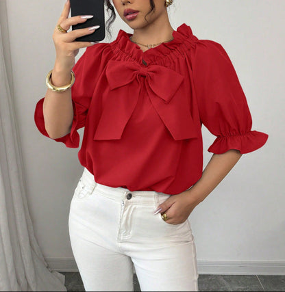 Bow Tie Ruffle Neck Blouse Puff Sleeve Dressy Casual Top