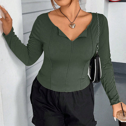 Women's Slim short design niche v-neck t-shirt women's long-sleeved inner bottoming shirt tops