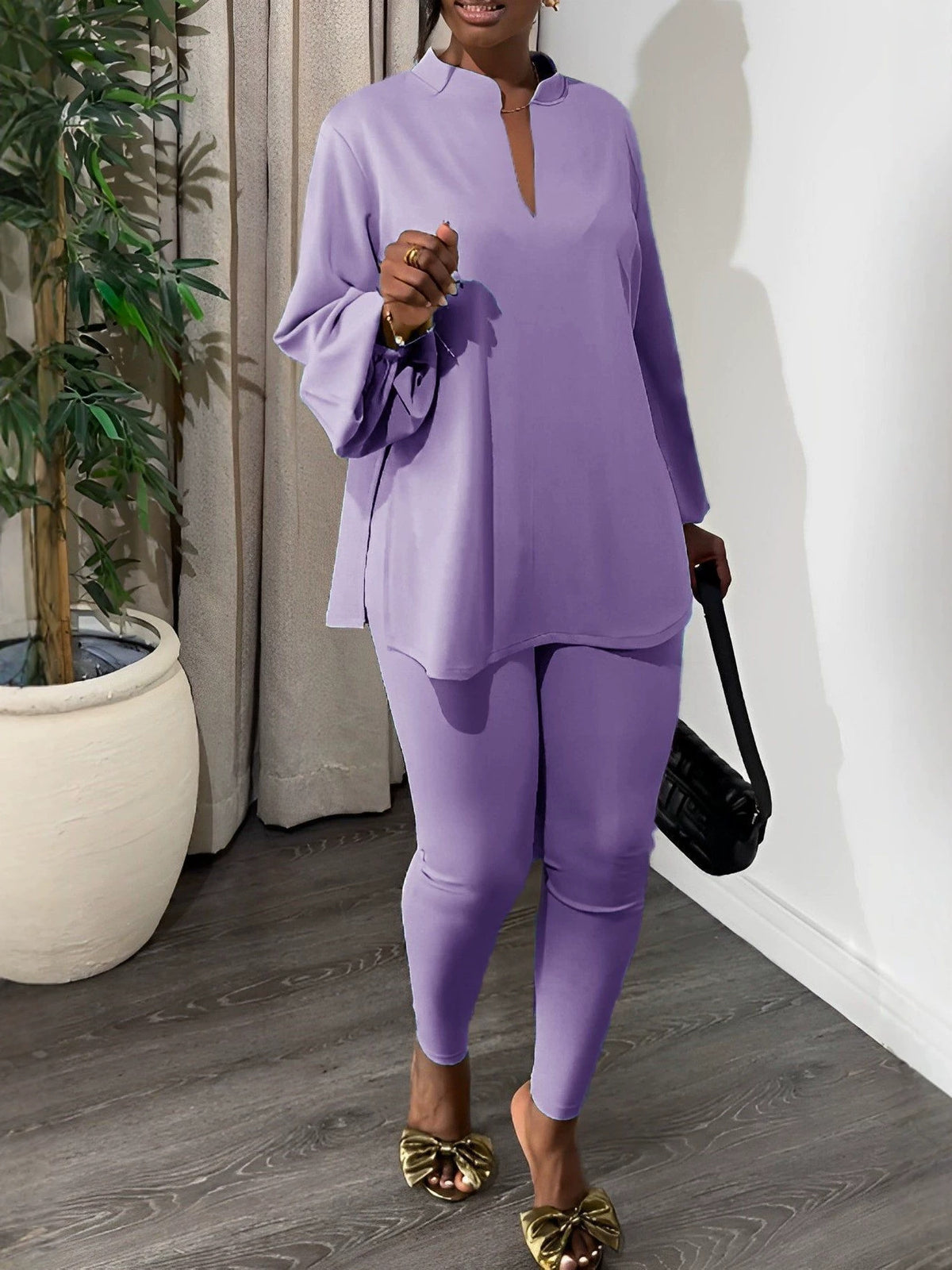 Boho Knit Split V-Neck Top & Leggings Two Piece Set