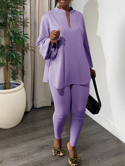 Boho Knit Split V-Neck Top & Leggings Two Piece Set