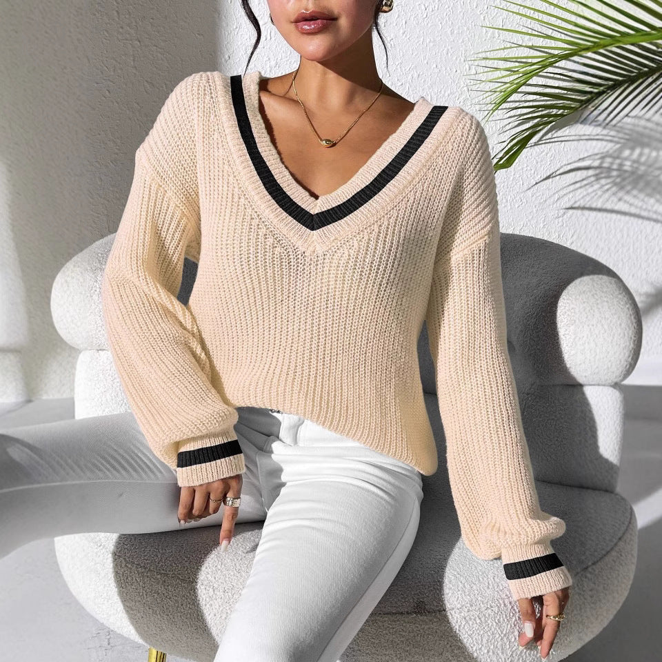 Women's Preppy Color Block V-Neck Sweater