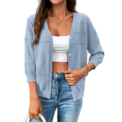 2025 Summer Hollow Knit V-Neck Cardigan with 3/4 Sleeves