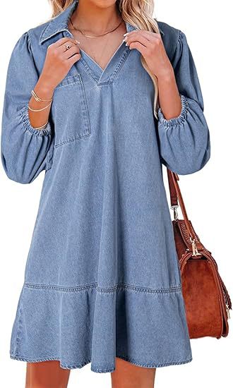 Women's V-Neck Denim Dress Puff Sleeve Tiered Jean Dress