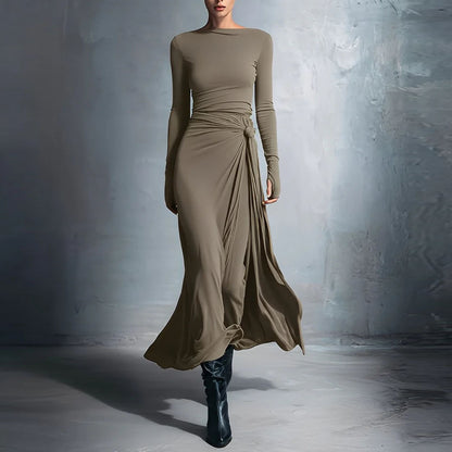 Women's Long Sleeve Knot Waist Maxi Dress A-Line