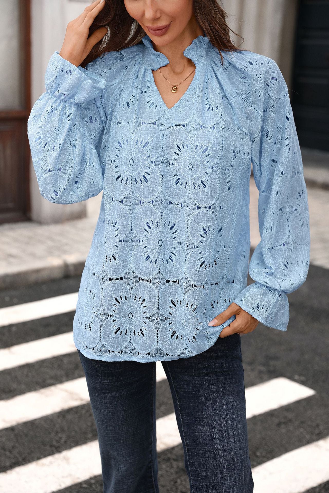 Eyelet Lace Blouse V Neck Puff Sleeve Top