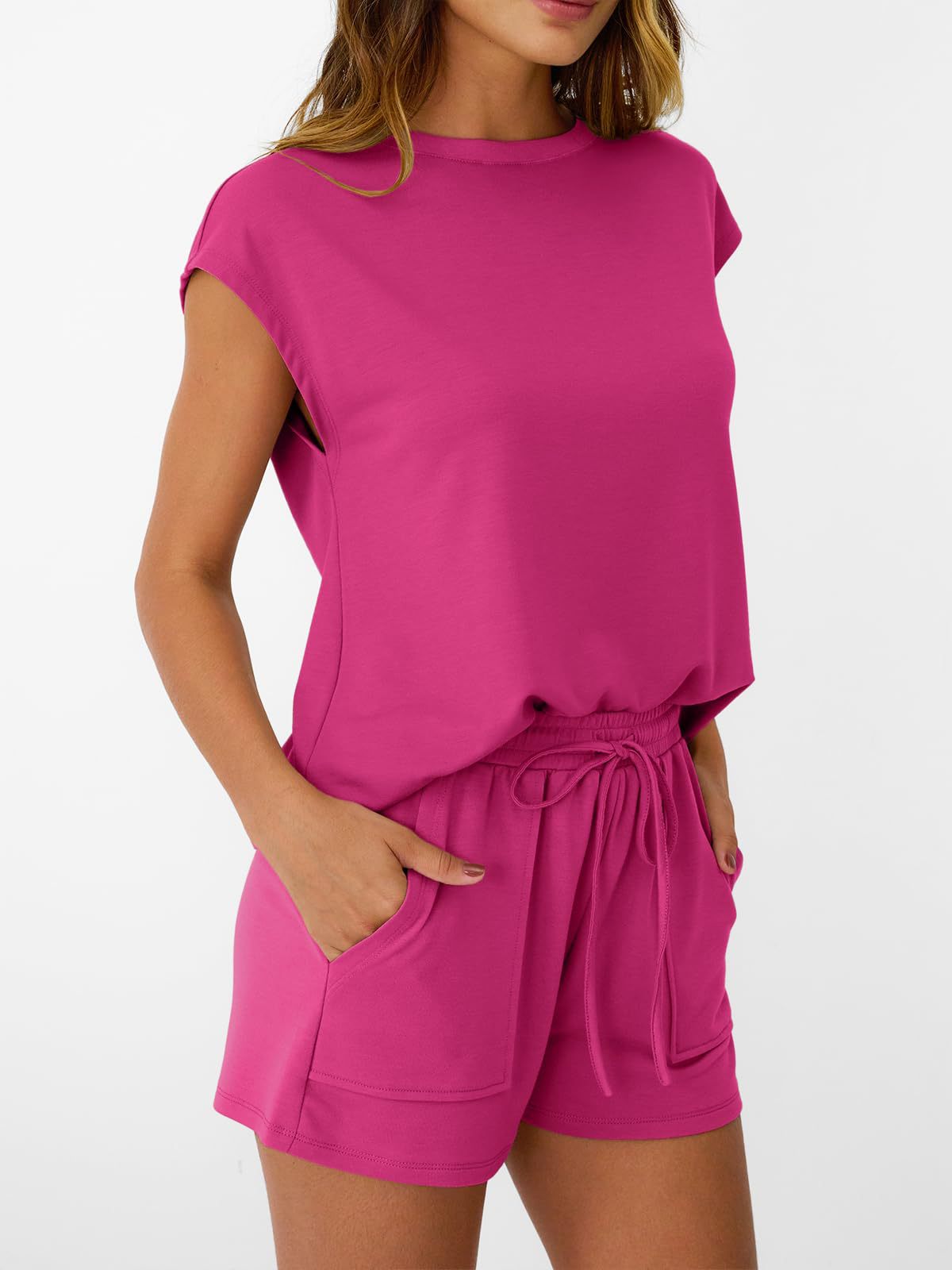 Solid Knit Shorts Set Crew Neck Pocket Lounge Outfit