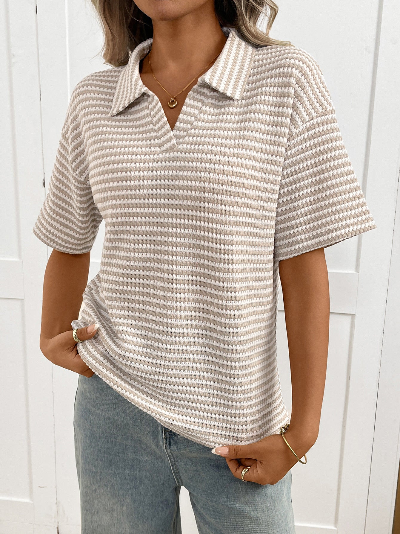 Striped Knit Polo Sweater Tee Relaxed Short Sleeve Top