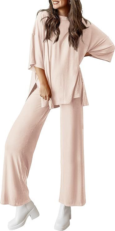 Women's 2 Piece Lounge Set Short Sleeve Top Wide Leg Pants