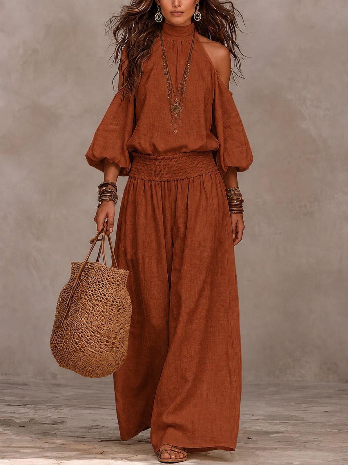 Women's Cold Shoulder Smocked Wide Leg Pants Two Piece Set