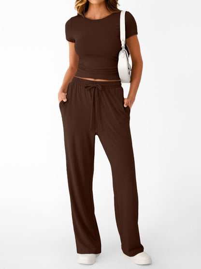 Crop Tee & Wide Leg Pants Lounge Set for Women