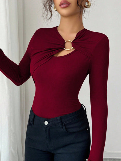 Asymmetrical Cutout Ring Detail Slim Fit Long Sleeve Top