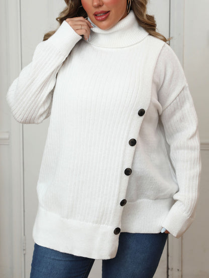 Women's Irregular Button Medium and Long Thickened Turtleneck Sweater