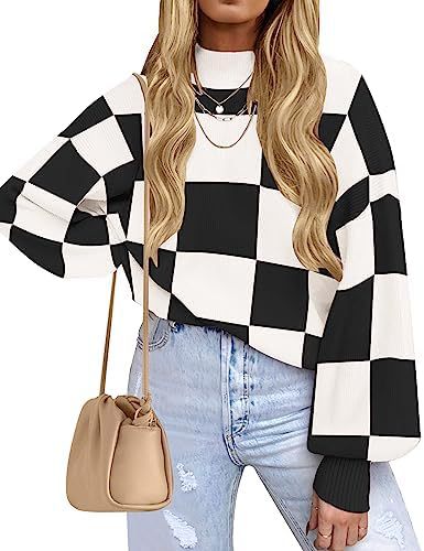 Women's Checkered Mock Neck Balloon Sleeve Sweater