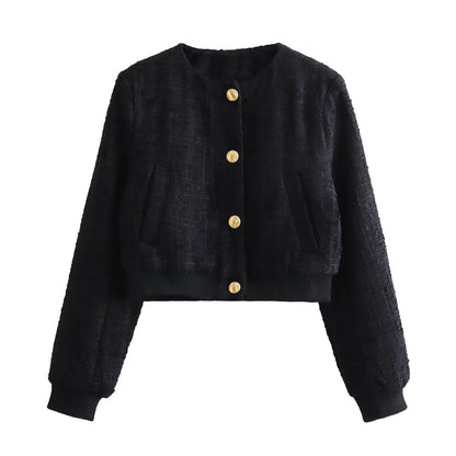 Women's Cropped Tweed Bomber Jacket Button Front