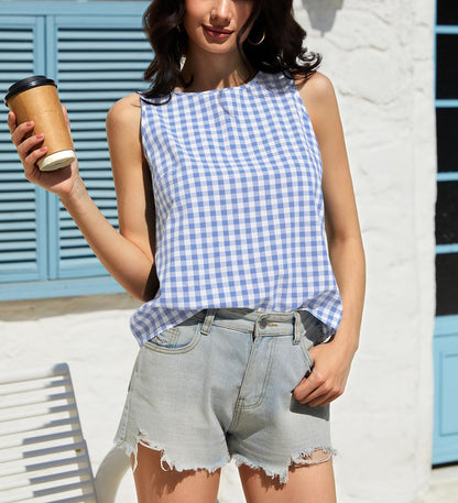 Gingham Cotton Tank Top Summer Casual Blouse