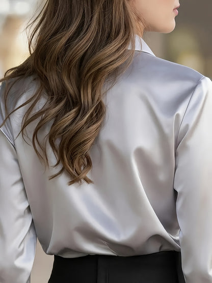 Women's Satin Button Down Shirt Long Sleeve Work Blouse