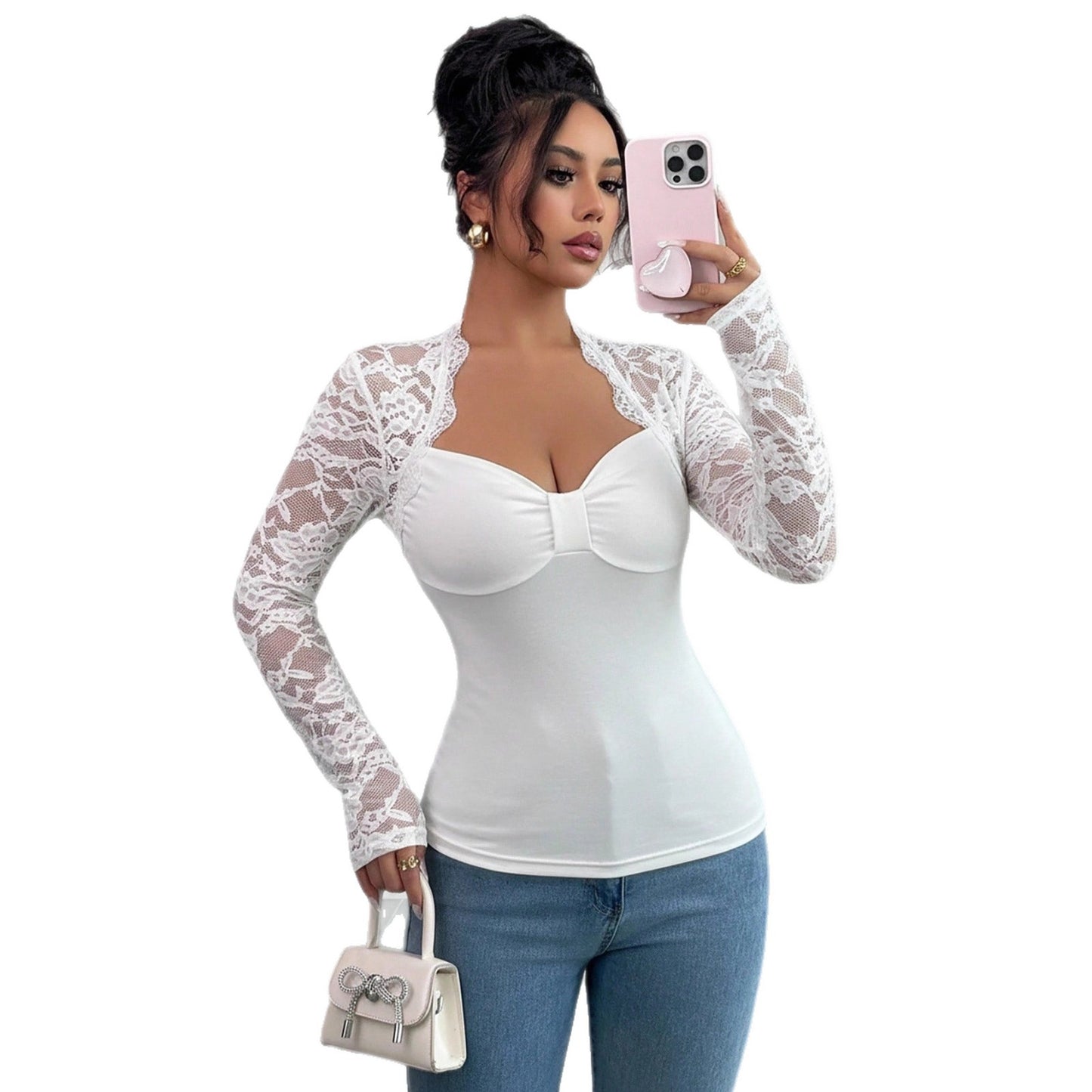 Lace Patchwork Long Sleeve Slim Fit Square Neck Top