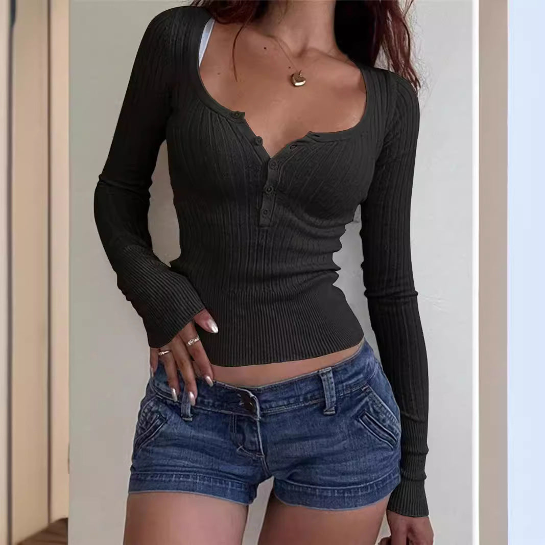 Long Sleeve Ribbed Button Front Crop Top Fitted