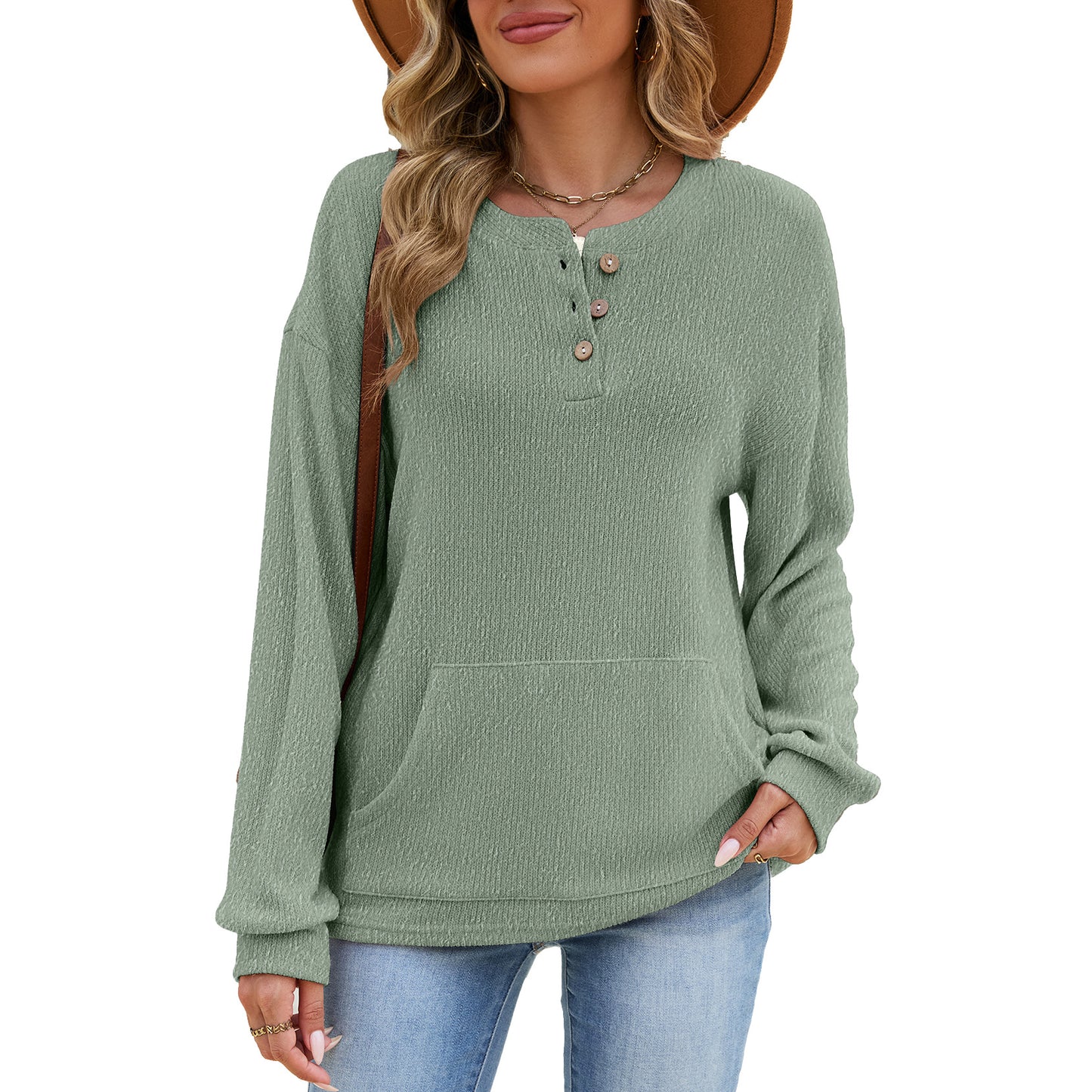 Women's Waffle Knit Henley Long Sleeve Pocket Top