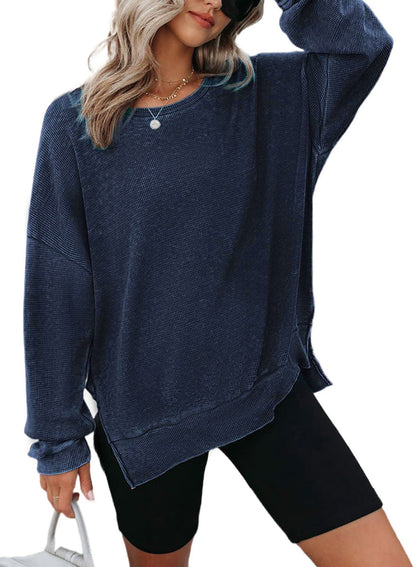 Waffle Split Hem Sweatshirt Women Casual Long Sleeve Top