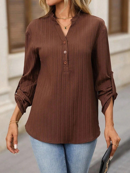 Women's Solid V-Neck Button Front Long Sleeve Blouse