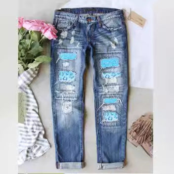 Valentine's Day Pink Leopard Distressed Denim Casual Jeans