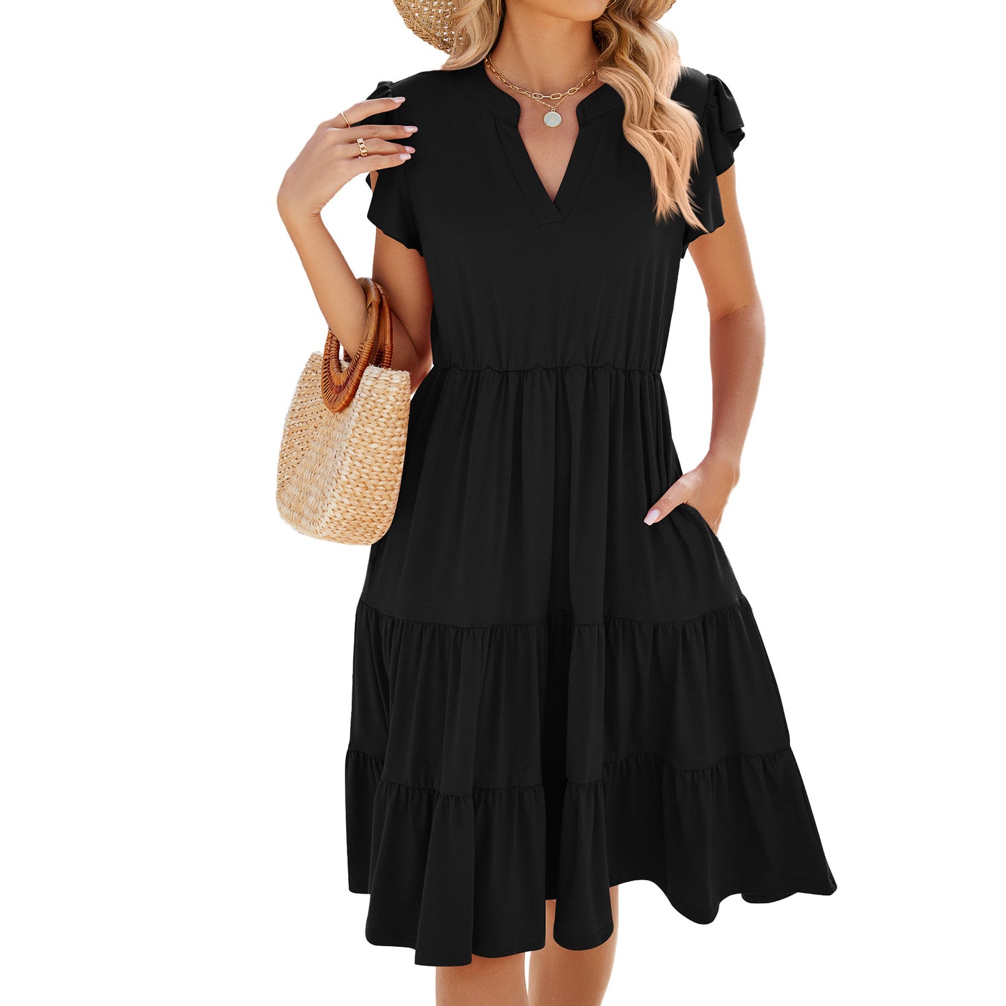 V-Neck Waist-Defined Short Sleeve Colorblock Dress