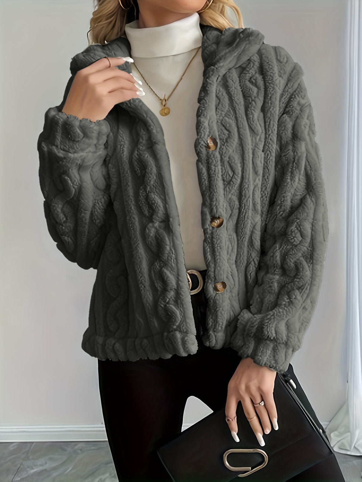 Women's Sherpa Cable Knit Button Up Winter Jacket
