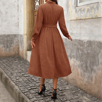 Corduroy V Neck Belted Button Front Midi Dress