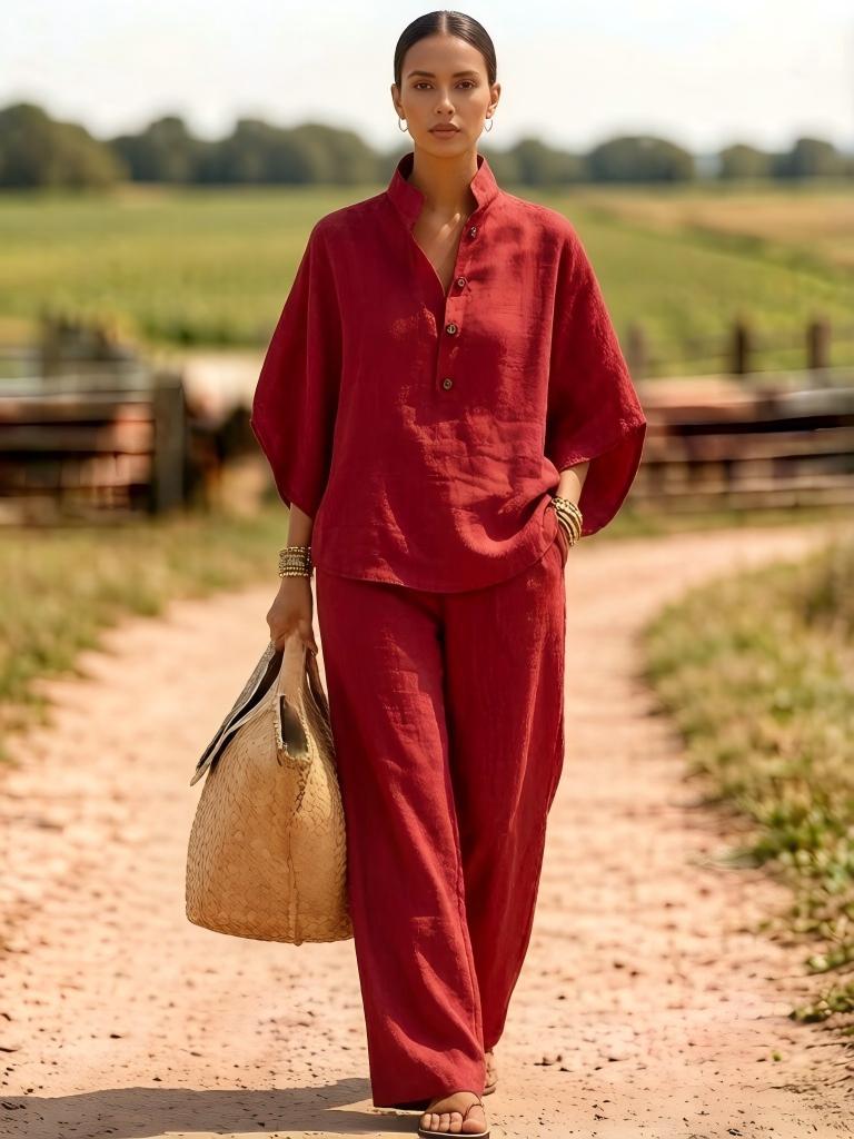 Linen Button Front Top Wide Leg Pants Matching Set