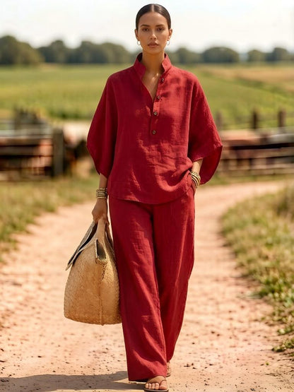 Linen Button Front Top Wide Leg Pants Matching Set