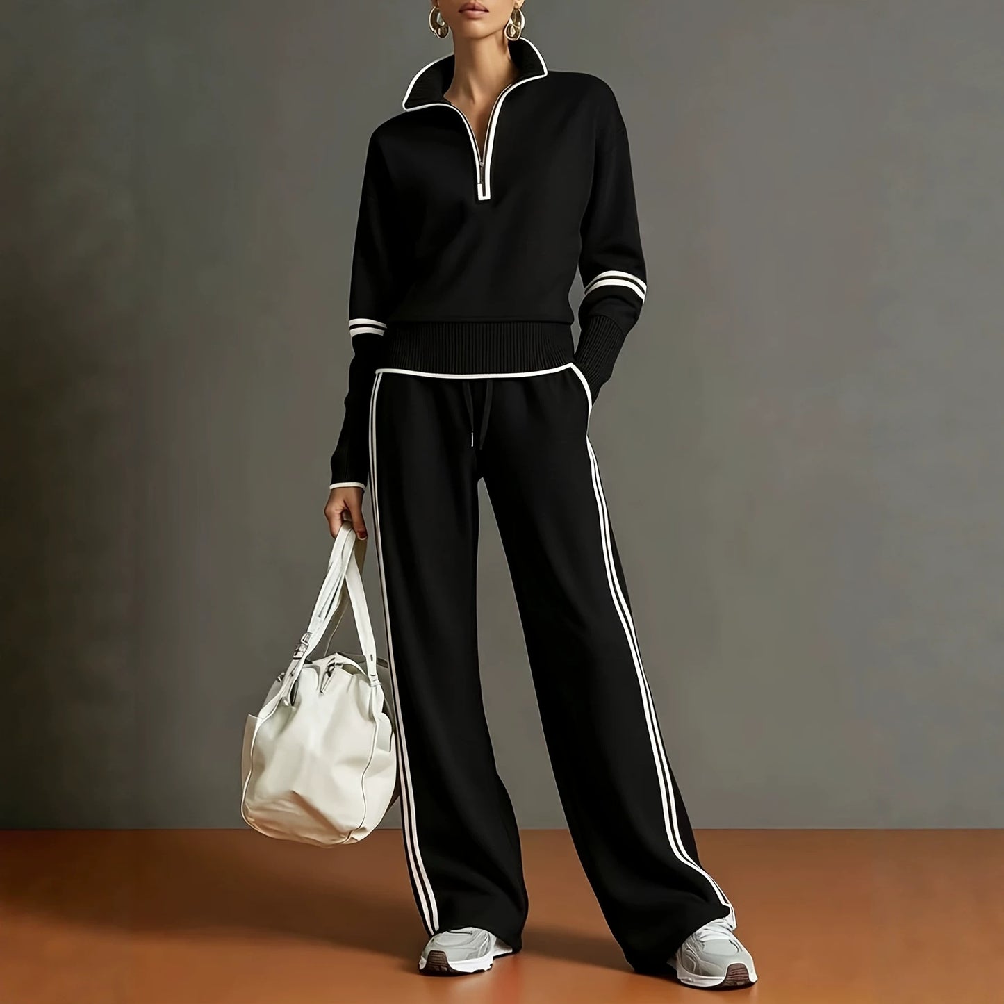 Women's Half Zip Sweatshirt Wide Leg Pants Matching Set