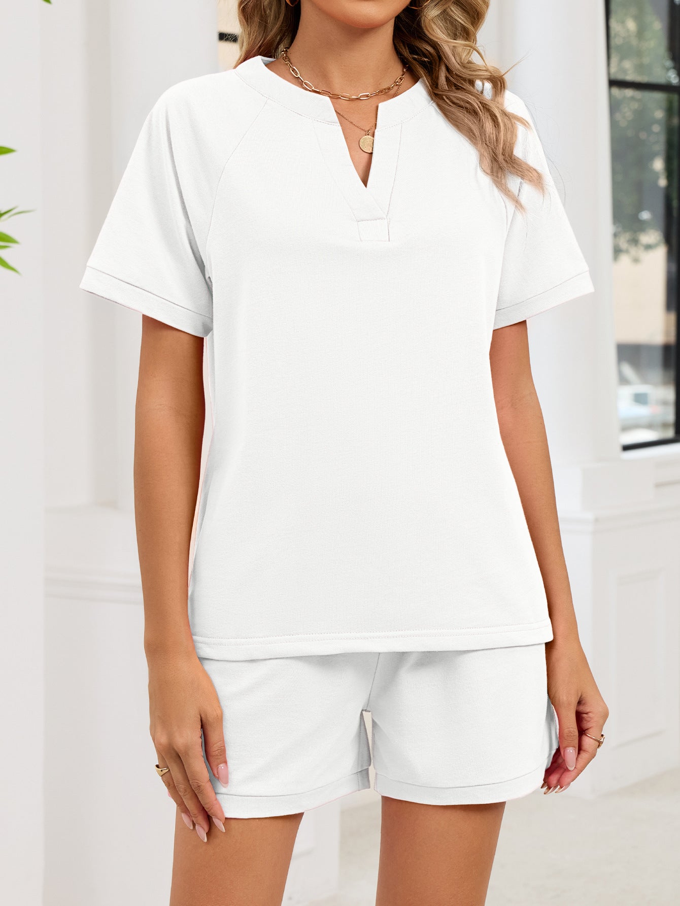 V Neck Short Sleeve Top and Drawstring Shorts Set