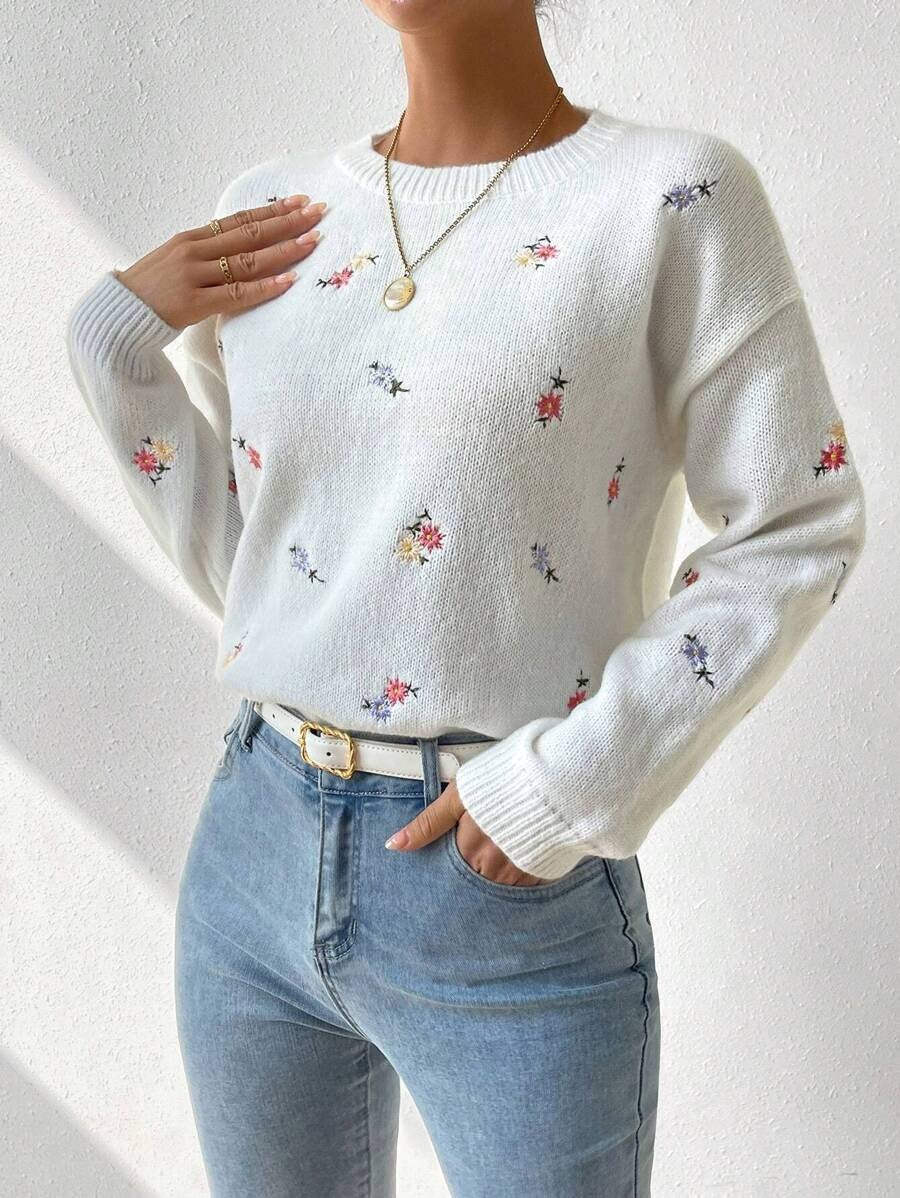 Women's Floral Embroidered Crew Neck Knit Pullover Sweater