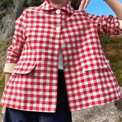 Womens Red Gingham Plaid Jacket Cotton Linen Blend
