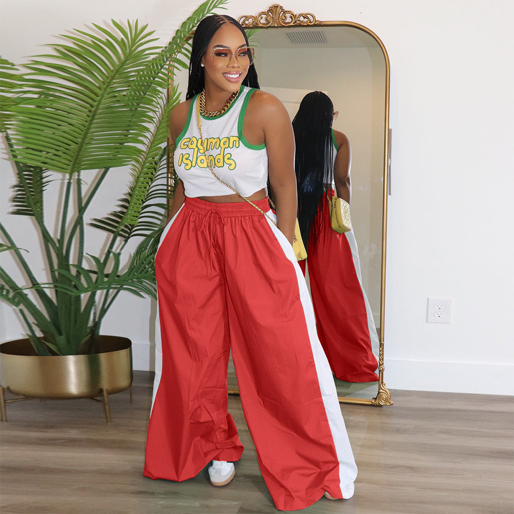Women Sporty Color Block Wide Leg Pants Loose Side Stripe