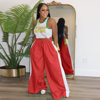 Women Sporty Color Block Wide Leg Pants Loose Side Stripe
