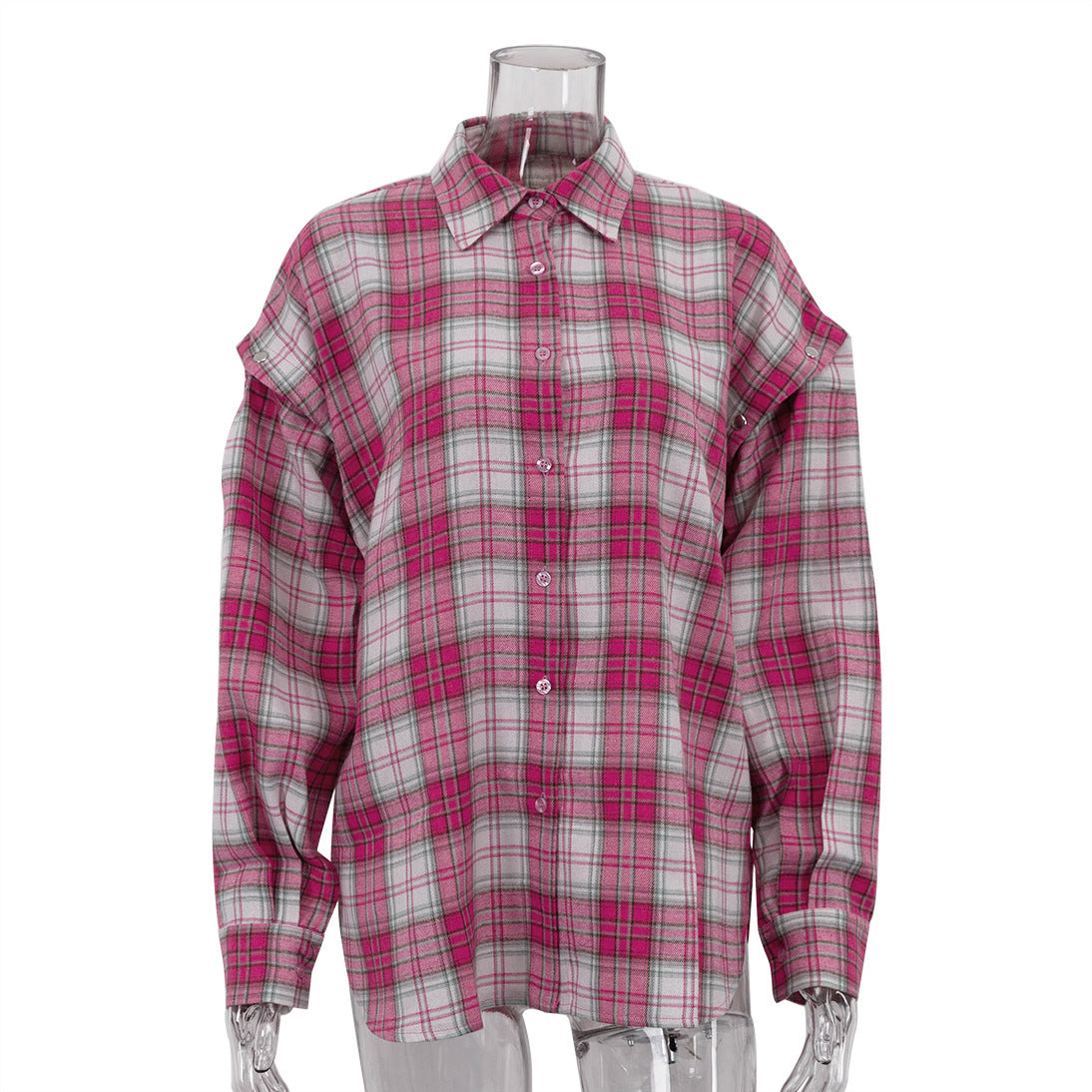 Women's Pink Plaid Oversized Shirt With Detachable Sleeves
