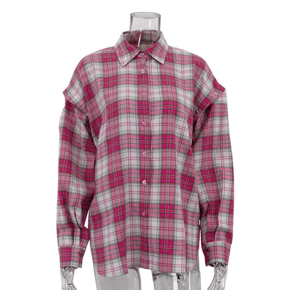 Women's Pink Plaid Oversized Shirt With Detachable Sleeves