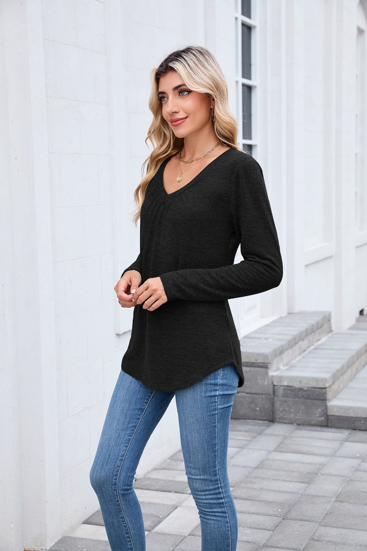 Women's Ruched V Neck Long Sleeve Loose Tunic Top