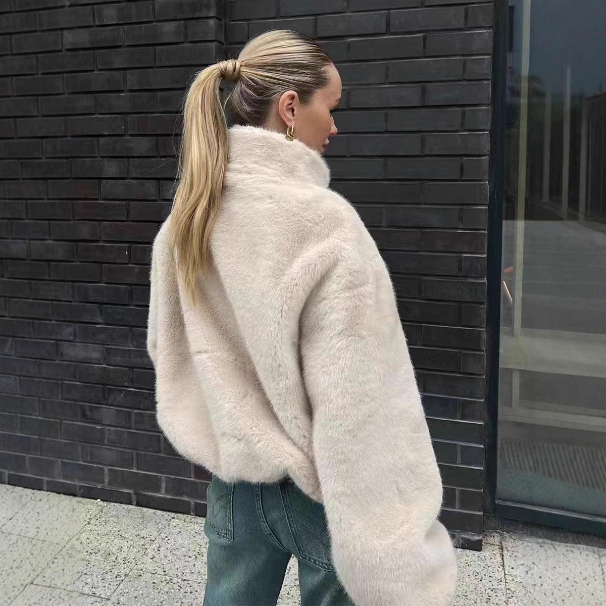 Women's Cream Faux Fur Jacket Stand Collar Zip-Up
